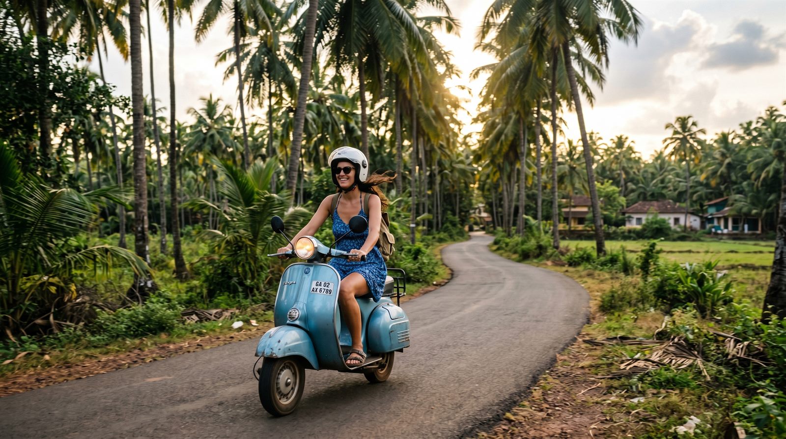 Riding a scooter on a Goa back road