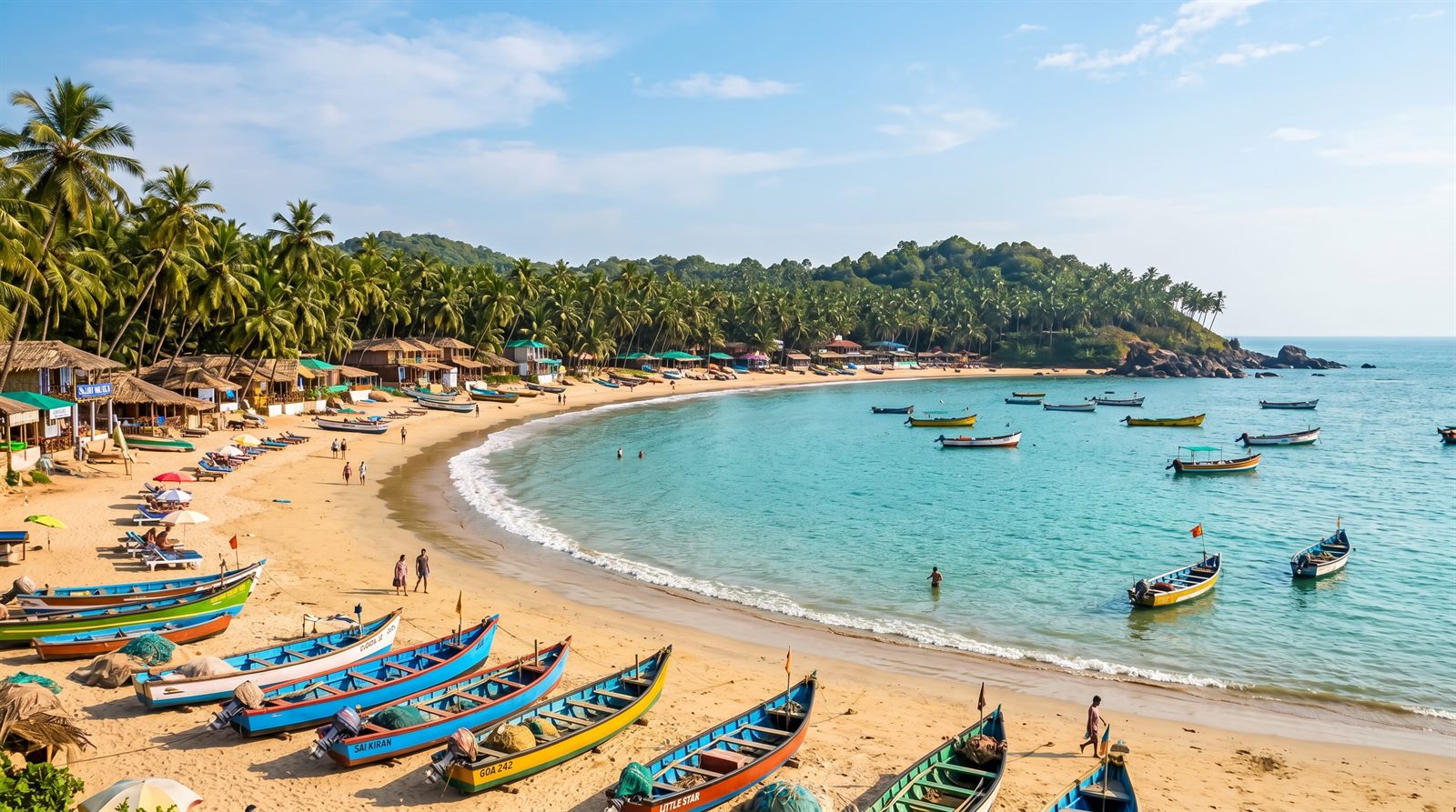Palolem beach in South Goa, reachable by rental car or bike from Vasco da Gama